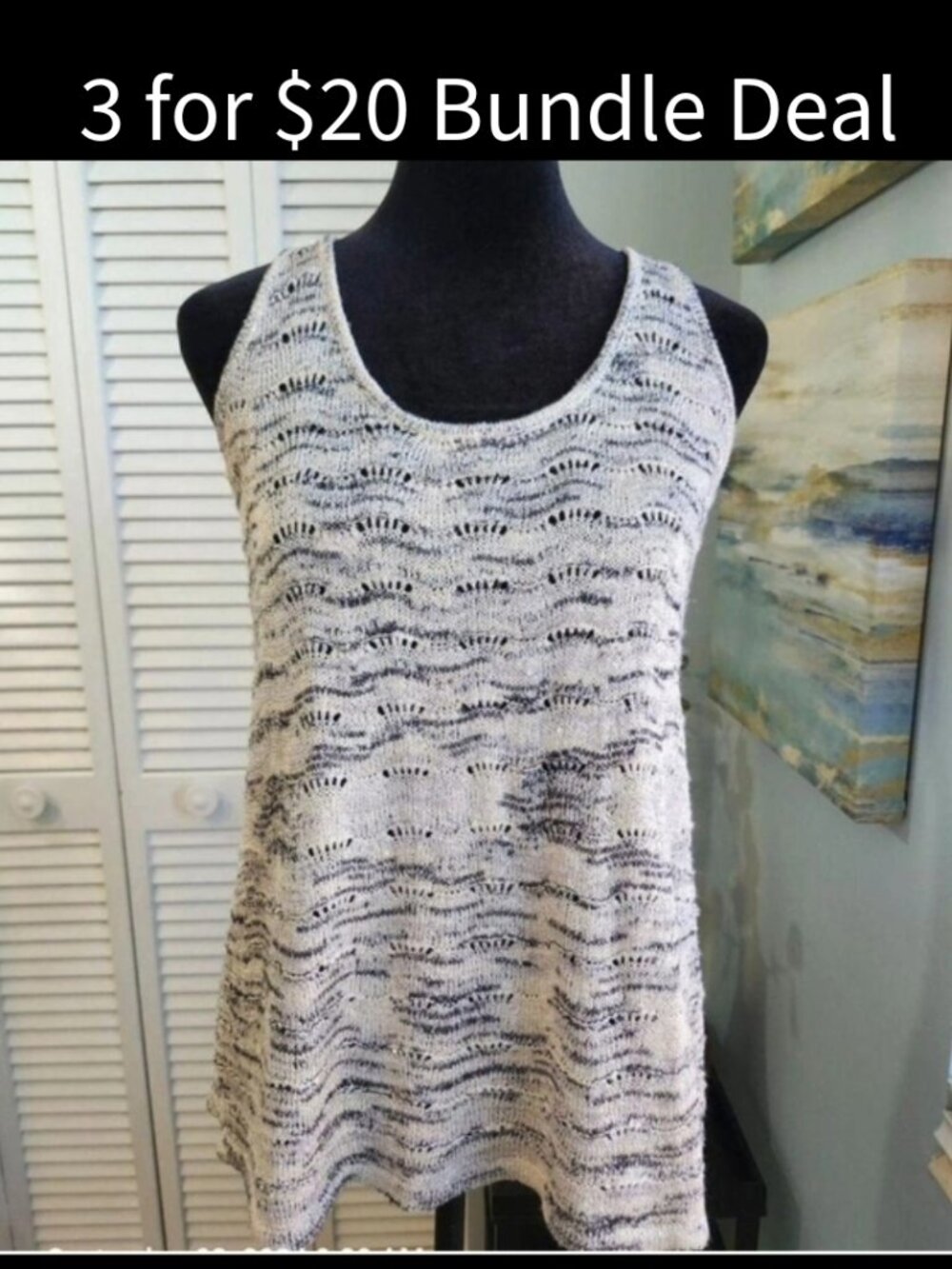 Open Knit Tank Top Gray Silver Sequins Racer Back Women's Small